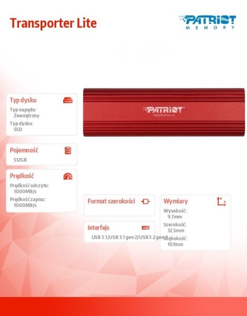 Dysk SSD 512GB Transporter Lite 1000/1000 MB/s Type-C Dysk SSD 512GB Transporter Lite 1000/1000 MB/s Type-C
