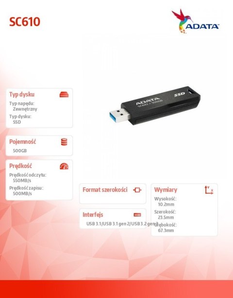 Dysk SSD zewnętrzny SC610 500G USB3.2A Gen2 czarny Dysk SSD zewnętrzny SC610 500G USB3.2A Gen2 czarny
