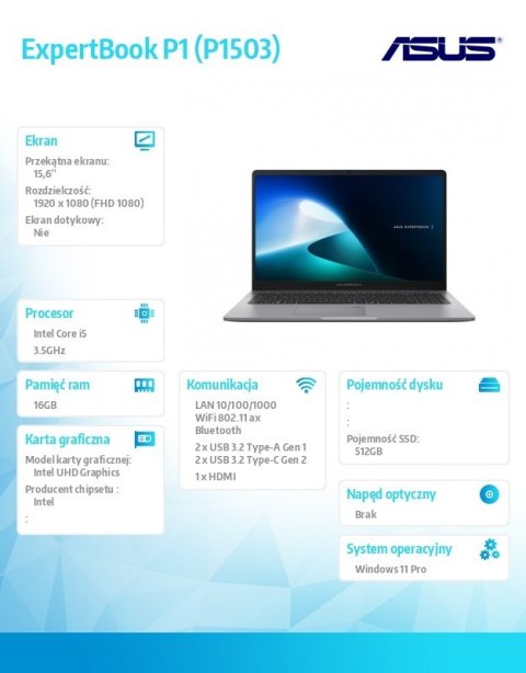 Notebook P1 P1503CVA-S70461W - i5-13500H /16GB/512GB/15,6 FHD/ Win 11 PRO/3YRS