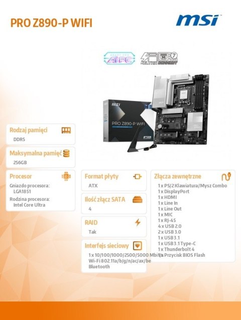 Płyta główna PRO Z890-P WIFI s1851 4DDR5 ATX Płyta główna PRO Z890-P WIFI s1851 4DDR5 ATX