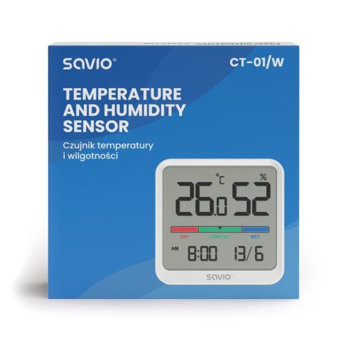 Czujnik temperatury i wilgotności, do użytku wewnętrznego, ekran LCD, zegar, data, uchwyt z magnesem, CT-01/W Biały Czujnik temperatury i wilgotności, do użytku wewnętrznego, ekran LCD, zegar, data, uchwyt z magnesem, CT-01/W Biały