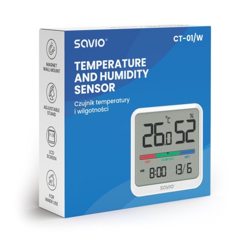 Czujnik temperatury i wilgotności, do użytku wewnętrznego, ekran LCD, zegar, data, uchwyt z magnesem, CT-01/W Biały Czujnik temperatury i wilgotności, do użytku wewnętrznego, ekran LCD, zegar, data, uchwyt z magnesem, CT-01/W Biały