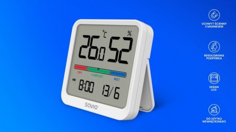 Czujnik temperatury i wilgotności, do użytku wewnętrznego, ekran LCD, zegar, data, uchwyt z magnesem, CT-01/W Biały Czujnik temperatury i wilgotności, do użytku wewnętrznego, ekran LCD, zegar, data, uchwyt z magnesem, CT-01/W Biały