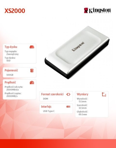 Dysk SSD XS2000 500GB USB3.2 Gen2.2 Zewnętrzny Dysk SSD XS2000 500GB USB3.2 Gen2.2 Zewnętrzny