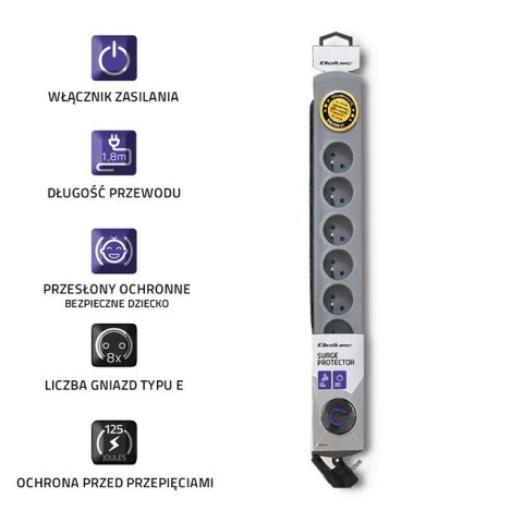 Listwa antyprzepięciowa Quick Switch, 8 gniazd, 1,8m, szara Listwa antyprzepięciowa Quick Switch, 8 gniazd, 1,8m, szara