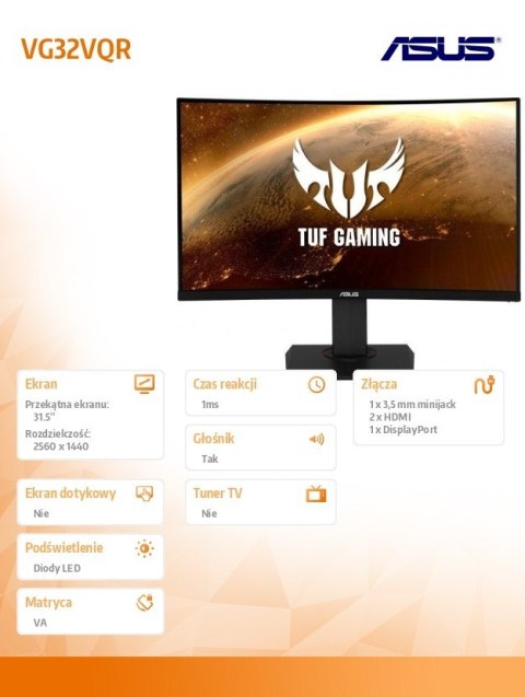 Monitor 32 cale VG32VQR 165Hz WQHD HDMI DP 1800R HDR400 Głośnik 400cd/m2 G-SYNC Regulacja wysokości 0-140mm Monitor 32 cale VG32VQR 165Hz WQHD HDMI DP 1800R HDR400 Głośnik 400cd/m2 G-SYNC Regulacja wysokości 0-140mm