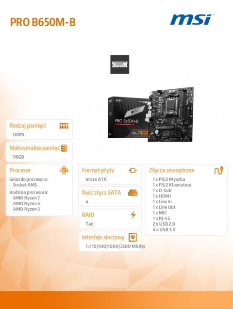 Płyta główna PRO B650M-B AM5 2DDR5 HDMI mATX Płyta główna PRO B650M-B AM5 2DDR5 HDMI mATX