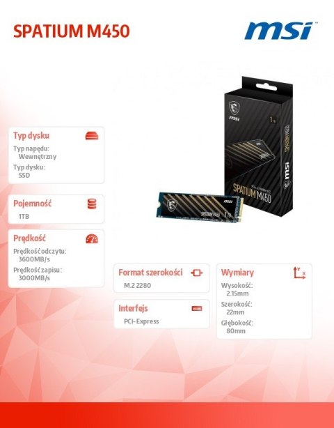 Dysk SSD SPATIUM M450 1TB M.2 PCIe4 3600/3000MB/s Dysk SSD SPATIUM M450 1TB M.2 PCIe4 3600/3000MB/s