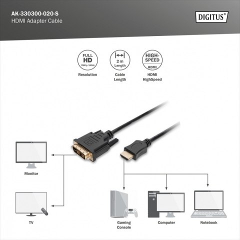 Kabel adapter HDMI Standard 1080p 60Hz FHD Typ HDMI A/DVI-D (18+1) M/M czarny 2m Kabel adapter HDMI Standard 1080p 60Hz FHD Typ HDMI A/DVI-D (18+1) M/M czarny 2m