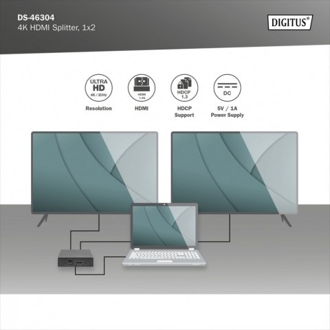 Rozdzielacz/Splitter HDMI 2-portowy, 4K 30Hz UHD 3D, HDCP 1.3, audio Rozdzielacz/Splitter HDMI 2-portowy, 4K 30Hz UHD 3D, HDCP 1.3, audio