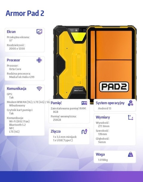 Tablet Armor Pad 2 4G 11" 8/256GB czarno-żółty Tablet Armor Pad 2 4G 11" 8/256GB czarno-żółty