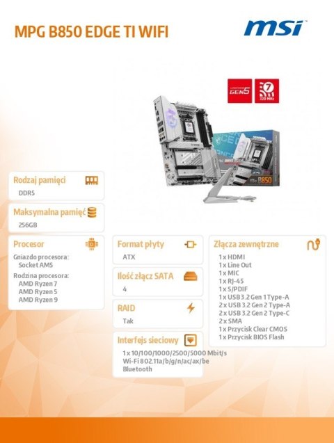 Płyta główna MPG B850 EDGE TI WIFI AM5 4DDR5 ATX Płyta główna MPG B850 EDGE TI WIFI AM5 4DDR5 ATX