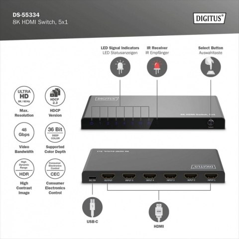 Przełącznik/Switch 8K HDMI 5x1, 60Hz (4:4:4), HDR, HDCP 2.3, pilot, Czarny Przełącznik/Switch 8K HDMI 5x1, 60Hz (4:4:4), HDR, HDCP 2.3, pilot, Czarny