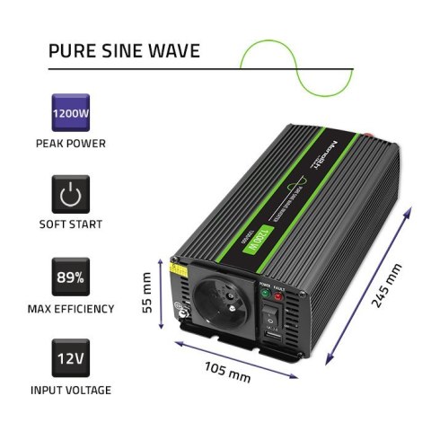 Przetwornica napięcia Monolith | 600W | 1200W | 12V na 230V | Czysty Sinus Przetwornica napięcia Monolith | 600W | 1200W | 12V na 230V | Czysty Sinus