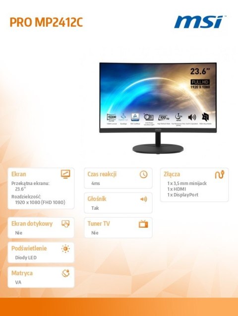 Monitor 23.6 cala PRO MP2412C LED/FHD/Curved/100Hz/czarny Monitor 23.6 cala PRO MP2412C LED/FHD/Curved/100Hz/czarny