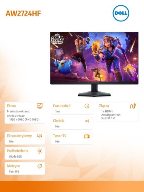 Monitor Alienware AW2724HF 27 cali LED 1920x1080/HDMI/DP/USB/3Y Monitor Alienware AW2724HF 27 cali LED 1920x1080/HDMI/DP/USB/3Y