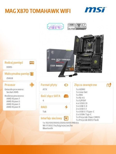 Płyta główna MAG X870 TOMAHAWK WIFI AM5 4DDR5 ATX Płyta główna MAG X870 TOMAHAWK WIFI AM5 4DDR5 ATX