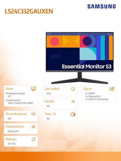 Monitor 24 cale LS24C332GAUXEN IPS 1920x1080 FHD 16:9 1xHDMI 1xDP 4ms(GT) 100Hz płaski 2 lata d2d