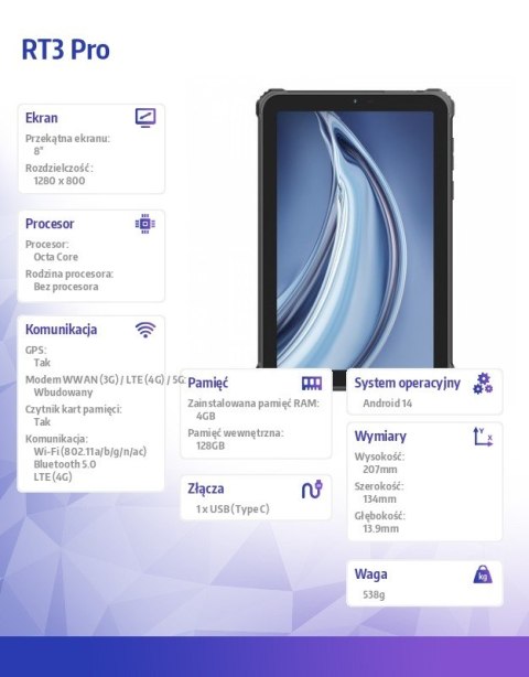 Tablet RT3 Pro 4G 8" 4/128GB Rugged Czarny Tablet RT3 Pro 4G 8" 4/128GB Rugged Czarny