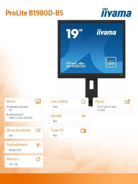 Monitor 19 cali B1980D-B5 DVI,VGA,PIVIOT,HAS/150mm,5:4 Monitor 19 cali B1980D-B5 DVI,VGA,PIVIOT,HAS/150mm,5:4