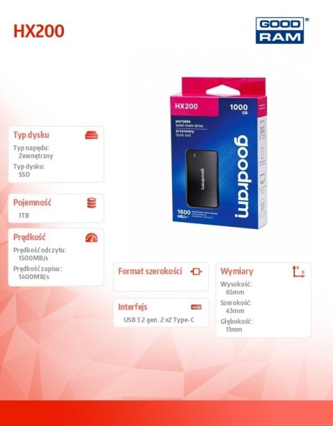 Dysk SSD HX200 1TB USB-C+A 1500/1400MB/s czarny Dysk SSD HX200 1TB USB-C+A 1500/1400MB/s czarny