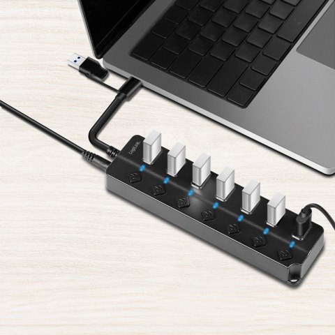 HUB USB3.2 Gen1, 7x USB-A, 7xON/OFF, czarny