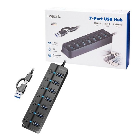 HUB USB3.2 Gen1, 7x USB-A, 7xON/OFF, czarny