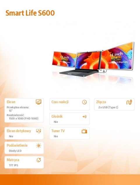 Przenośne monitory do laptopa Smart Life S600 15 cali, 2 monitory IPS, 1080p Full HD Przenośne monitory do laptopa Smart Life S600 15 cali, 2 monitory IPS, 1080p Full HD