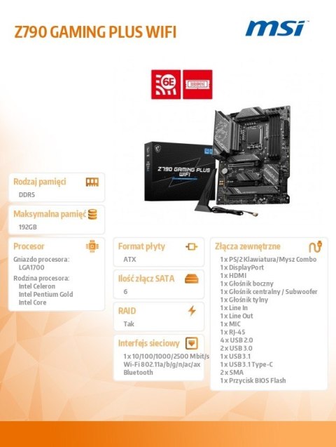 Płyta główna Z790 GAMING PLUS WIFI s1700 4DDR5 HDMI ATX Płyta główna Z790 GAMING PLUS WIFI s1700 4DDR5 HDMI ATX