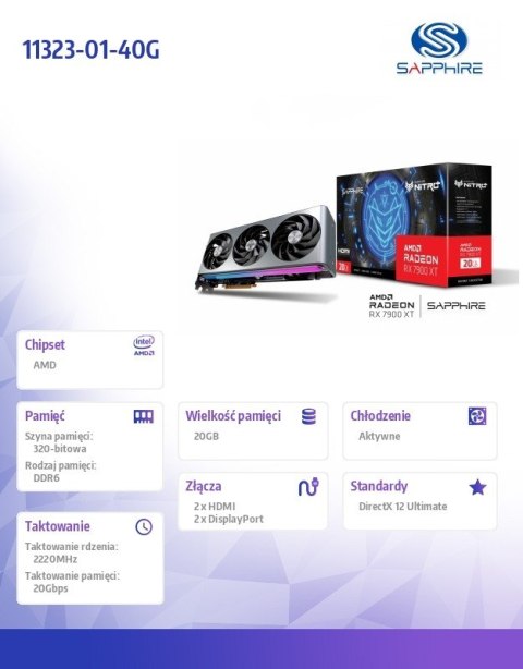 Karta graficzna Radeon RX 7900 XT NITRO+ Vapor-X 20GB GDDR6 320bit 2DP/2HDMI Karta graficzna Radeon RX 7900 XT NITRO+ Vapor-X 20GB GDDR6 320bit 2DP/2HDMI