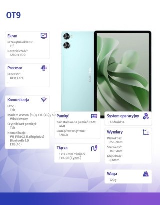 Tablet OT9 11 4/128GB bez ładowarki Zielony