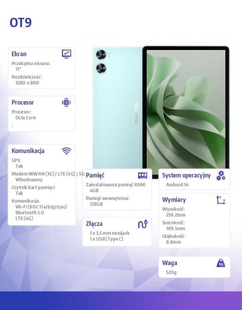 Tablet OT9 11 4/128GB bez ładowarki Zielony Tablet OT9 11 4/128GB bez ładowarki Zielony