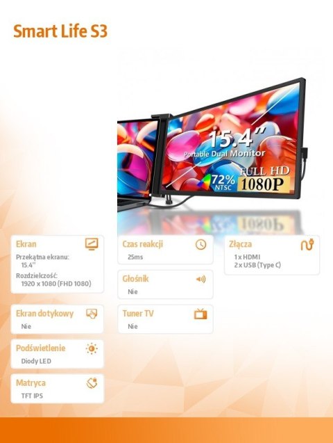 Przenośne monitory do laptopa Smart Life S3 15.4 '' 2 monitory, IPS,1920x1080 Przenośne monitory do laptopa Smart Life S3 15.4 '' 2 monitory, IPS,1920x1080