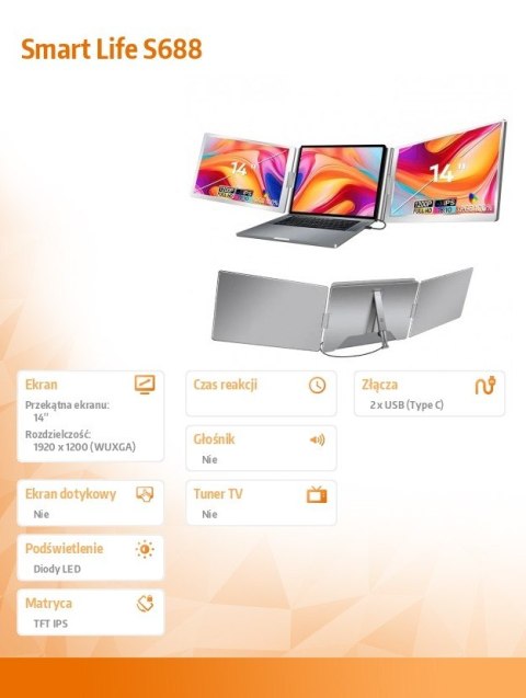 Przenośne monitory do laptopa Smart Life S688 14'', 2 monitory IPS,1920x1200 Przenośne monitory do laptopa Smart Life S688 14'', 2 monitory IPS,1920x1200