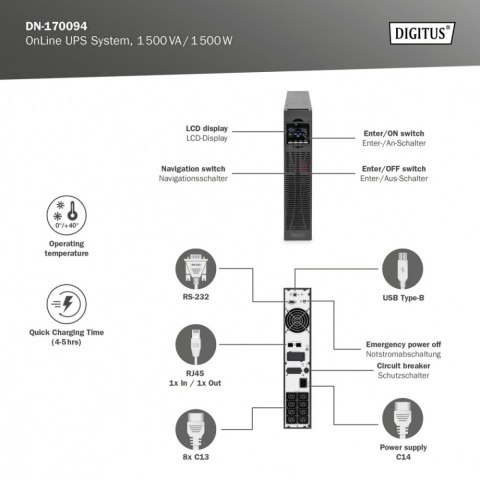 Zasilacz awaryjny UPS Online Rack 19" LCD, 1500VA/1500W, 3x12V/9Ah, 8xC13, USB, RS232, RJ45