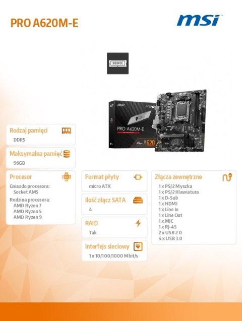 Płyta główna PRO A620M-E AM5 2DDR5 HDMI/M2 mATX Płyta główna PRO A620M-E AM5 2DDR5 HDMI/M2 mATX