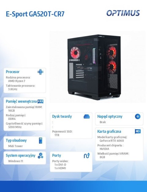 Komputer E-Sport GA520T-CR7 Ryzen 7 5800X/16GB/1TB/RTX 4060 EAGLE OC 8G/W