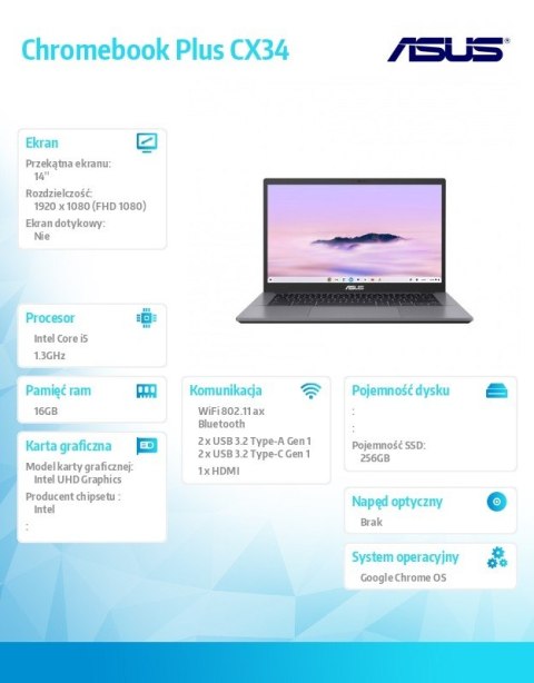 Notebook Chromebook Plus CX34/CX3402 Intel Core i5-1335U/16GB/256GB/14 cali/ChromeOS/3Y