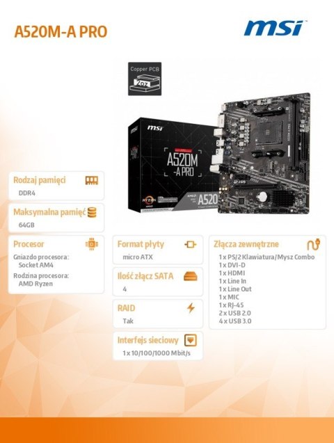 Płyta główna A520M-A PRO AM4 2DDR4 DVI/HDMI USB 3.2 mATX Płyta główna A520M-A PRO AM4 2DDR4 DVI/HDMI USB 3.2 mATX