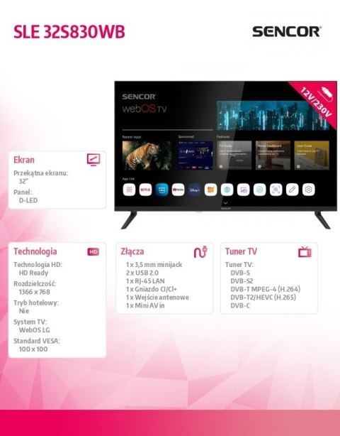 Telewizor 32 cale Smart webOS LG 12/240V SLE 32S830WB Wi-Fi BT5.0