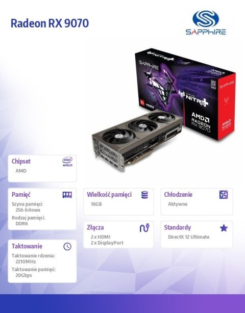Karta graficzna Radeon RX 9070 NITRO+ 16GB OC GDDR6 256bit 2DP/2HDMI Karta graficzna Radeon RX 9070 NITRO+ 16GB OC GDDR6 256bit 2DP/2HDMI
