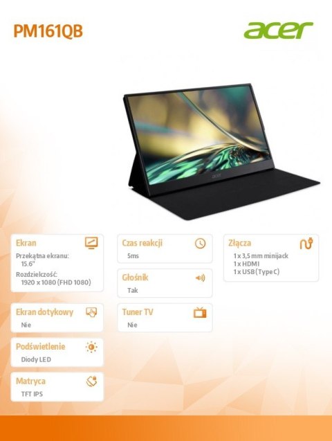Monitor przenośny 15,6 cala IPS 16:9 PM161QB1bmiuux HDMI USB-C Monitor przenośny 15,6 cala IPS 16:9 PM161QB1bmiuux HDMI USB-C