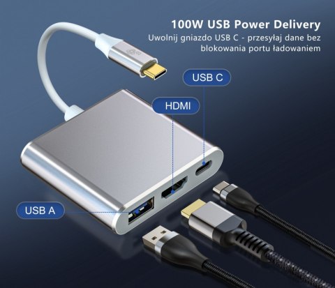 Adapter HUB USB C 3w1 - HDMI, USB, PD srebrny Adapter HUB USB C 3w1 - HDMI, USB, PD srebrny