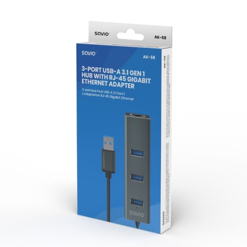 Hub AK-58 3-portowy USB-A 3.1 Gen 1 z adapterem RJ-45 Gigabit Ethernet