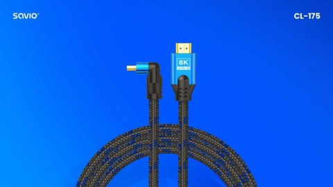Kabel HDMI (M) v2.1, kątowy, 5m, 8K, miedź, niebiesko-czarny, złote końcówki, ethernet/3D, CL-175 Kabel HDMI (M) v2.1, kątowy, 5m, 8K, miedź, niebiesko-czarny, złote końcówki, ethernet/3D, CL-175