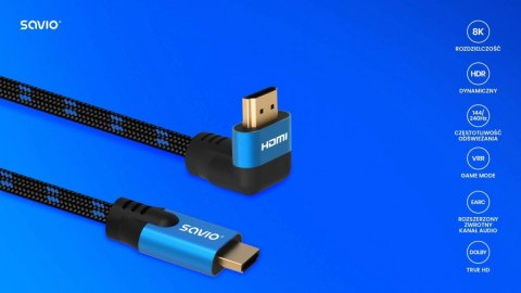 Kabel HDMI (M) v2.1, kątowy, 5m, 8K, miedź, niebiesko-czarny, złote końcówki, ethernet/3D, CL-175 Kabel HDMI (M) v2.1, kątowy, 5m, 8K, miedź, niebiesko-czarny, złote końcówki, ethernet/3D, CL-175