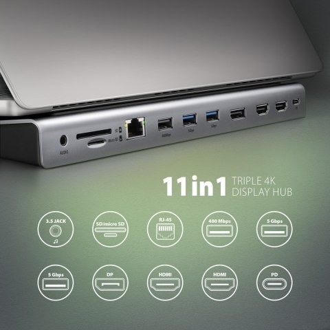 HMC-4KX3 Wieloportowy hub USB 5Gbps, 3x USB-A, 2x HDMI + DP + GLAN + SD/microSD + audio, PD 100W HMC-4KX3 Wieloportowy hub USB 5Gbps, 3x USB-A, 2x HDMI + DP + GLAN + SD/microSD + audio, PD 100W