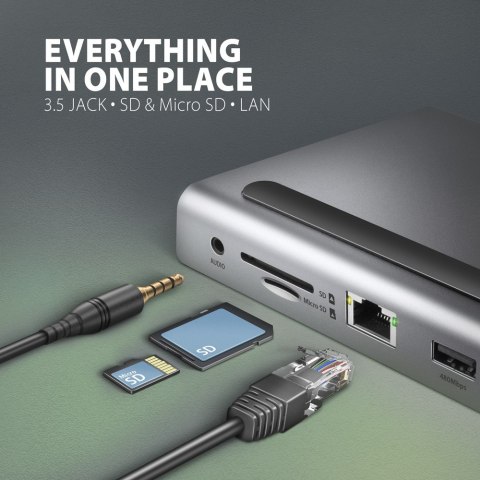HMC-4KX3 Wieloportowy hub USB 5Gbps, 3x USB-A, 2x HDMI + DP + GLAN + SD/microSD + audio, PD 100W HMC-4KX3 Wieloportowy hub USB 5Gbps, 3x USB-A, 2x HDMI + DP + GLAN + SD/microSD + audio, PD 100W