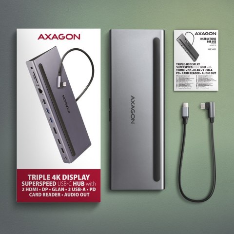 HMC-4KX3 Wieloportowy hub USB 5Gbps, 3x USB-A, 2x HDMI + DP + GLAN + SD/microSD + audio, PD 100W HMC-4KX3 Wieloportowy hub USB 5Gbps, 3x USB-A, 2x HDMI + DP + GLAN + SD/microSD + audio, PD 100W