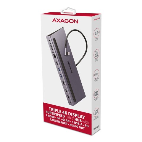HMC-4KX3 Wieloportowy hub USB 5Gbps, 3x USB-A, 2x HDMI + DP + GLAN + SD/microSD + audio, PD 100W HMC-4KX3 Wieloportowy hub USB 5Gbps, 3x USB-A, 2x HDMI + DP + GLAN + SD/microSD + audio, PD 100W